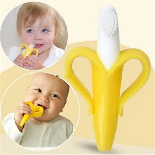 Baby Silicone Training Toothbrush - BPA Free Banana Shape Teether Chew Toy and Teething Ring for Infants