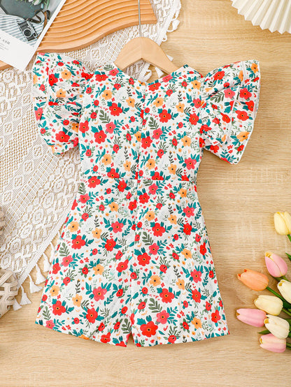 Girls’ Summer Floral Zipper Jumpsuit – Round Neck Romper for 2-6 Year Olds (Fashionable, Lightweight)