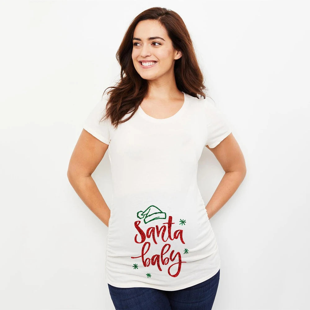 Christmas Santa Baby Print Maternity T-shirt Xmas Casual Pregnant Clothes Pregnancy Announcement T-shirt for Pregnant Women