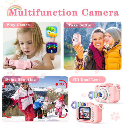 Cute Cat Kids Camera with Dual Lenses, 32GB Card, Silicone Case, HD Video Toy Gift