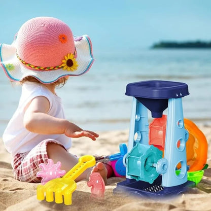 Kids Beach Toy Set With Sand Wheel, Bucket, Shovel, Rake & Sailboat Molds — Summer Sandbox Play