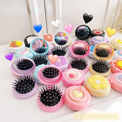 New Strawberry Hair Comb with Folding Mirror - Portable Traveling Massage Comb for Women & Girls - Hair Styling Accessories