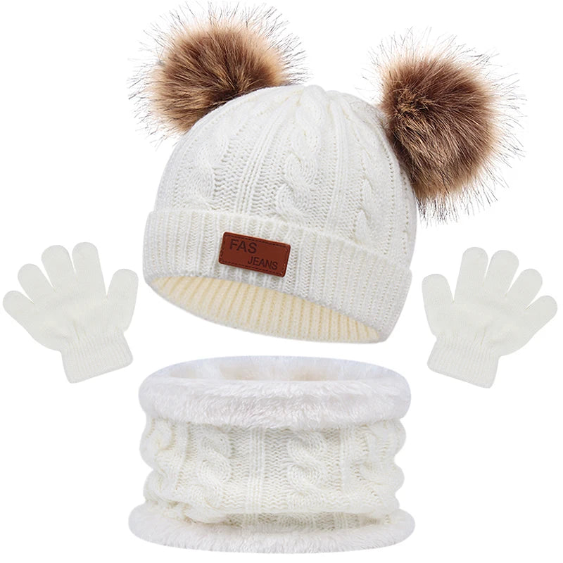 3-Piece Winter Baby Hat, Scarf & Gloves Set – Solid Color Knitted Toddler Bonnet with Cute Pompom, Warm Outdoor Accessories for 1-5 Years