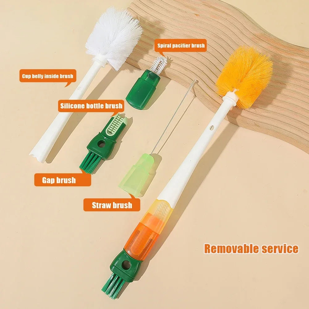 Silicone 5 in 1 Bottle Brush, Nylon Bristle, Hanging Hole, Long Handle, 360 Degree Rotating, Baby Pacifier Cup Cleaning Brush Tool