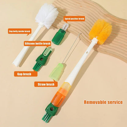 Silicone 5 in 1 Bottle Brush, Nylon Bristle, Hanging Hole, Long Handle, 360 Degree Rotating, Baby Pacifier Cup Cleaning Brush Tool