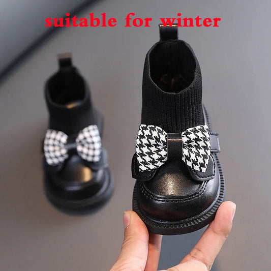 Winter Infant Girl Sock Boots Chunky Bow Knitted Casual Toddler Girl Patent Leather Shoes