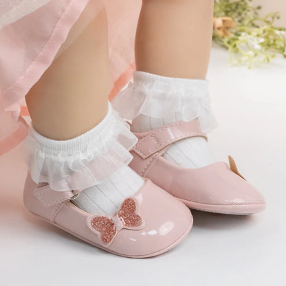 KIDSUN Baby Shoes – Newborn Girl Princess PU Toddler Shoes, Bow Decor Anti-Slip Rubber Sole First Walker (0-18M)