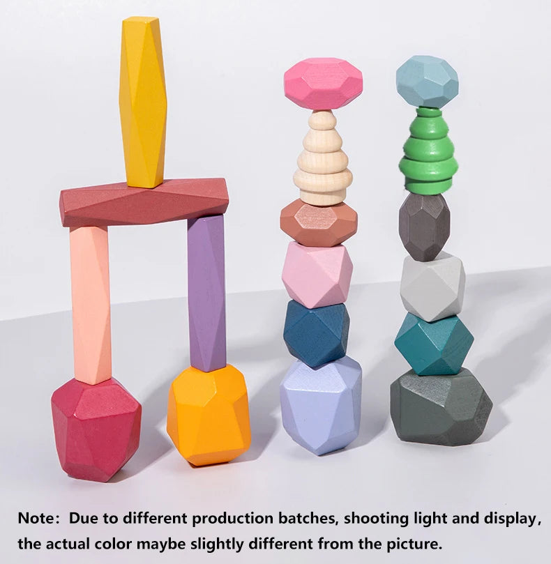 18PCS Wooden Stacking Rocks – Colored Solid Wood Stones, Educational Pre-School Toy for Kids and Toddlers