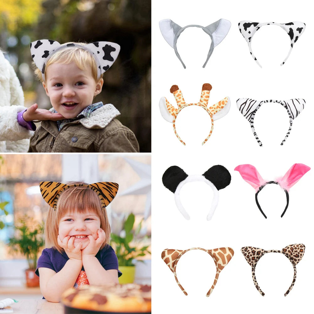 Plush Animal Ears Headband – Cartoon Dog Zebra Tiger Hairband, One Size for Kids & Adults, Cosplay Party Accessory