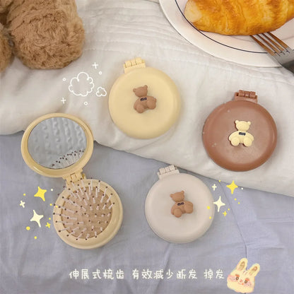 Mini Cartoon Bear Hair Brush with Mirror – Portable Massage Comb for Children, Cute Hair Comb for Kids