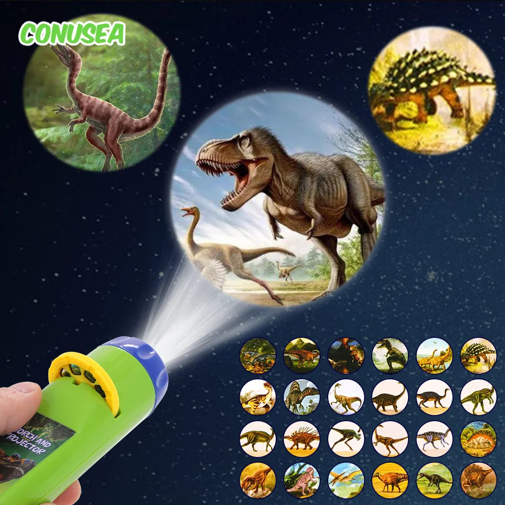 Dinosaur Projection Flashlight for Kids — Cartoon Bedtime Projector Toy with 3 Slides, Educational Night Light