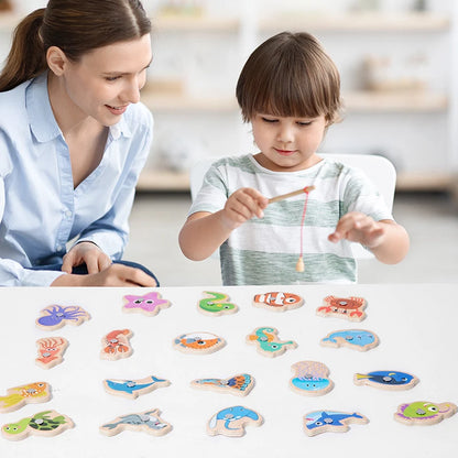 Montessori Wooden Magnetic Fishing Toys – Marine Life Cognition, Early Educational Parent-Child Interactive Game