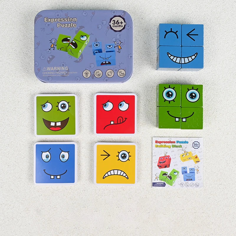 Cube Face Change Wooden Puzzle – Montessori Expression Building Blocks for Kids, Educational Toy Gift