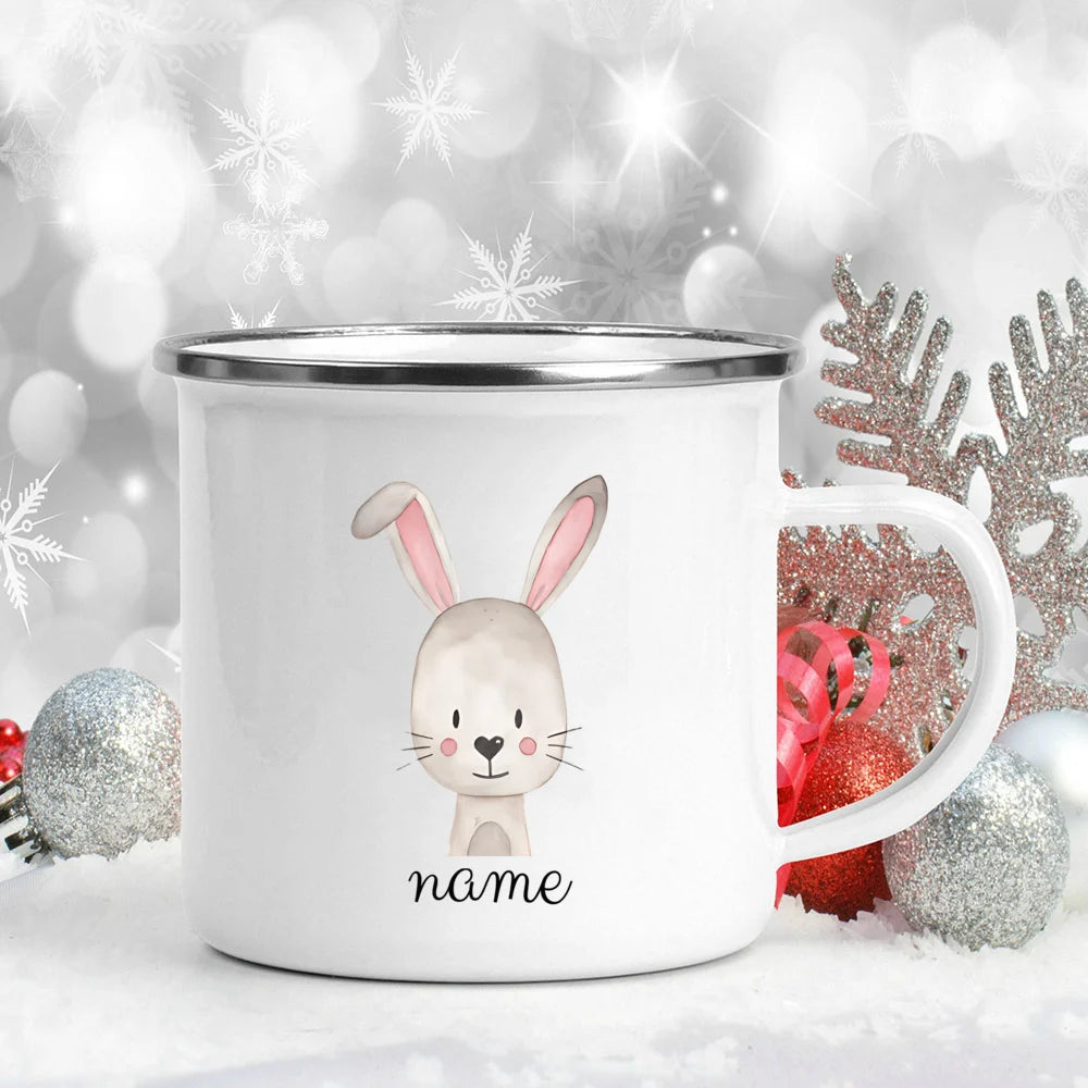 Personalized Kids Enamel Camping Mug — Forest Animals Children's Name Cup, Eco-Friendly Enamel Mug
