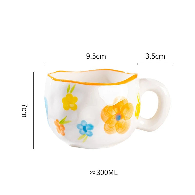 Hand-Pinched Irregular Porcelain Mug 300 ml (10 fl oz) – Flower & Heart Pattern Coffee & Tea Cup, Cute Gift for Kids & Girls