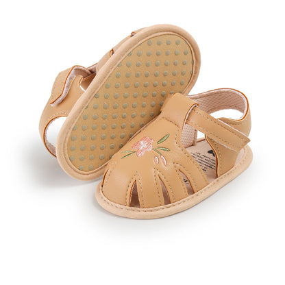 Baby Girl Sandals – Summer Flat First Walker Shoes with Embroidered Toe Design