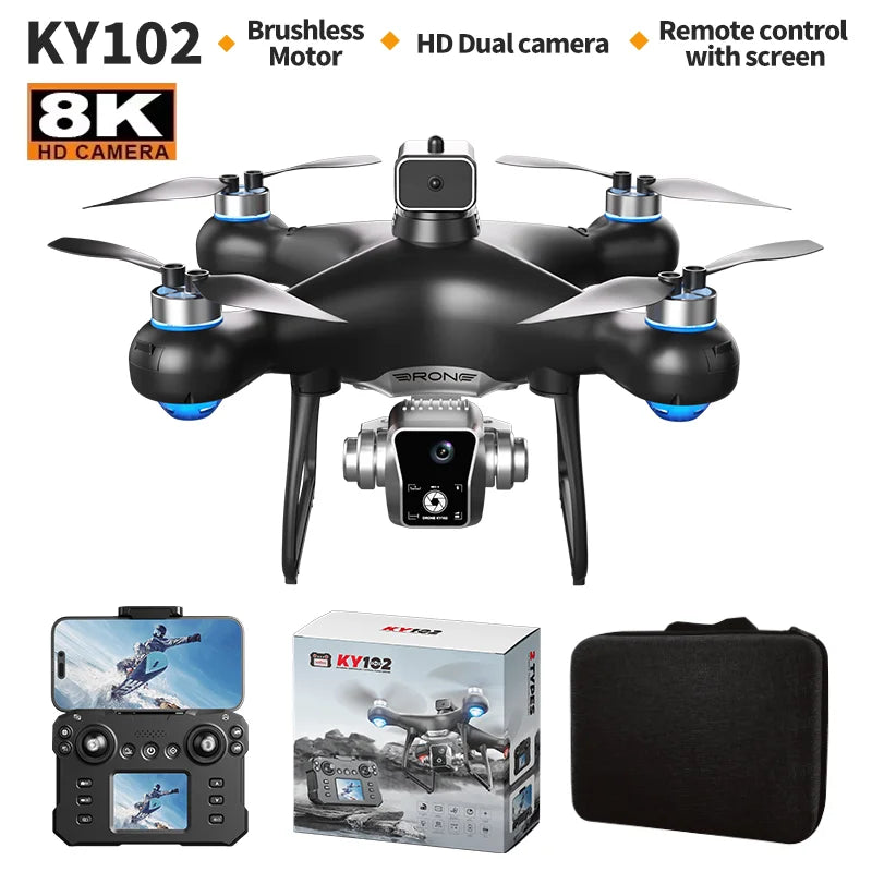 KY102 Drone with Screen – 8K Dual Camera Brushless RC Helicopter with Obstacle Avoidance
