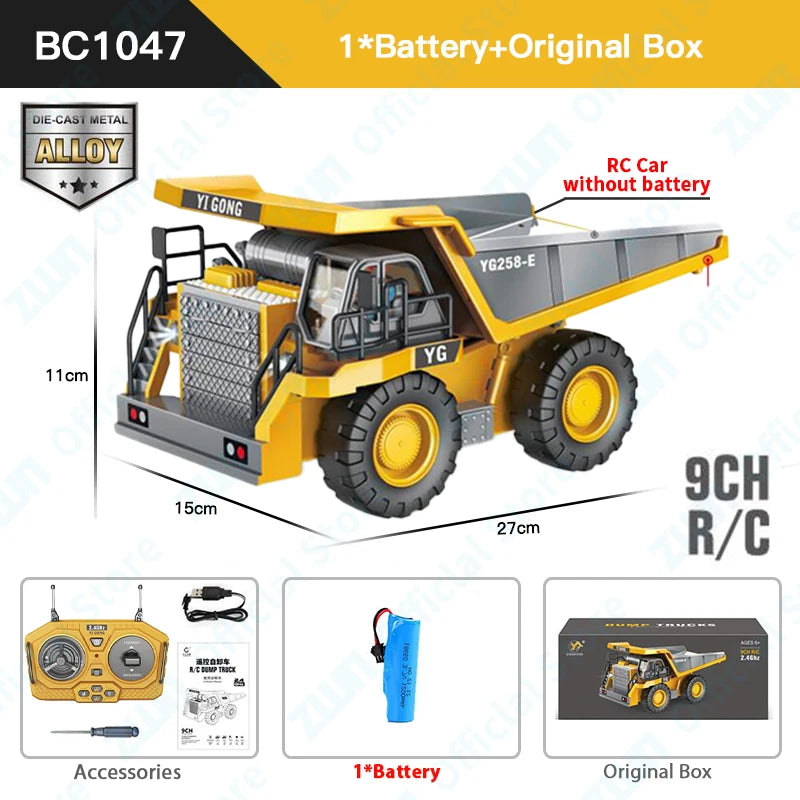 ZWN 2.4G Remote Control Excavator Dump Truck Alloy Construction Vehicle Toy