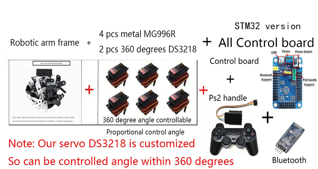 360° 6 DOF Robot Metal Alloy Mechanical Arm Claw Kit MG996R for Arduino, Robotics Educational Kit, PS2 Programmable Toy
