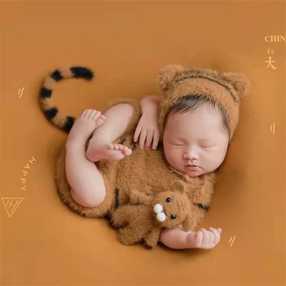 3pcs Baby Furry Tiger Costume Newborn Photography Set, Cute Animal Footed Jumpsuit, Hat & Tail, Infant Boy Girl Photo Prop Outfit