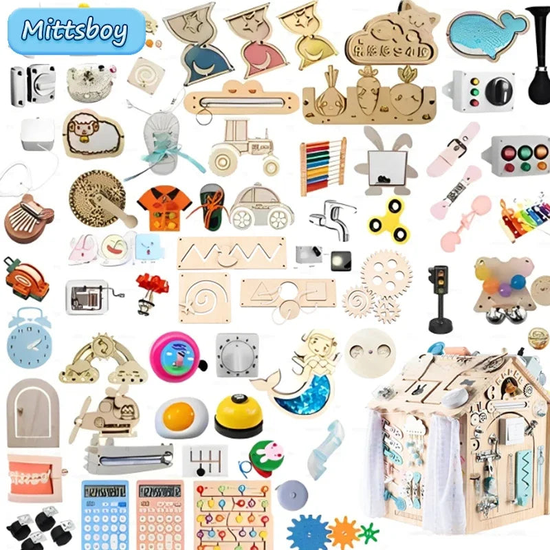 Montessori Busy Board DIY Wood Accessories – Early Learning Ball, Calculation, Bulldozer, Castle, Helicopter Educational Toy for Children Gifts