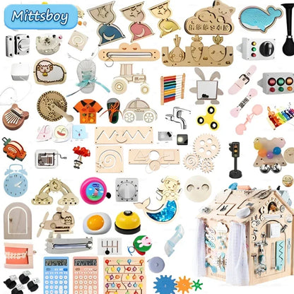 Montessori Busy Board DIY Wood Accessories – Early Learning Ball, Calculation, Bulldozer, Castle, Helicopter Educational Toy for Children Gifts