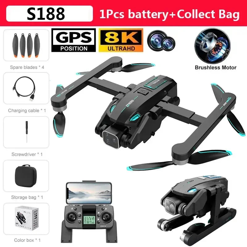 S188 GPS Drone 8K HD Dual Camera 5G WiFi Obstacle Avoidance Brushless Foldable Quadcopter RC 2KM Range Toy