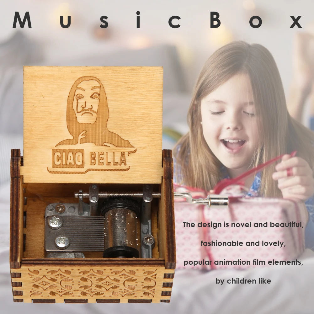 Retro Carved Wooden Hand Crank Music Box Creative Household Home Decor Halloween and Christmas Gift