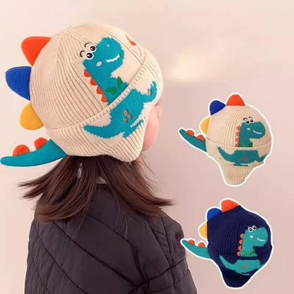 Dinosaur Cartoon Kids Earmuffs Beanie — Warm Knit Cotton Winter Hat with 3D Ears for Toddlers & Children (Unisex)
