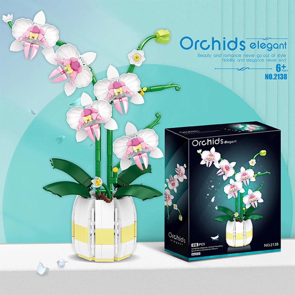 Building Blocks Orchid Flower Bouquet – Bonsai Plant Model Bricks DIY Home Decoration Toy for Kids