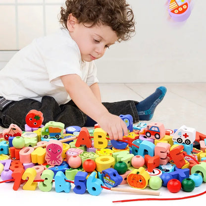 Montessori Baby DIY Wooden Toy – Cartoon Fruit and Animal Stringing with Threading Wooden Beads, Educational Toy for Kids Christmas Gift