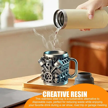 Handmade 3D V8 Engine Tankard — Resin & Stainless Steel Coffee & Beer Mug for Home, Office, Garage