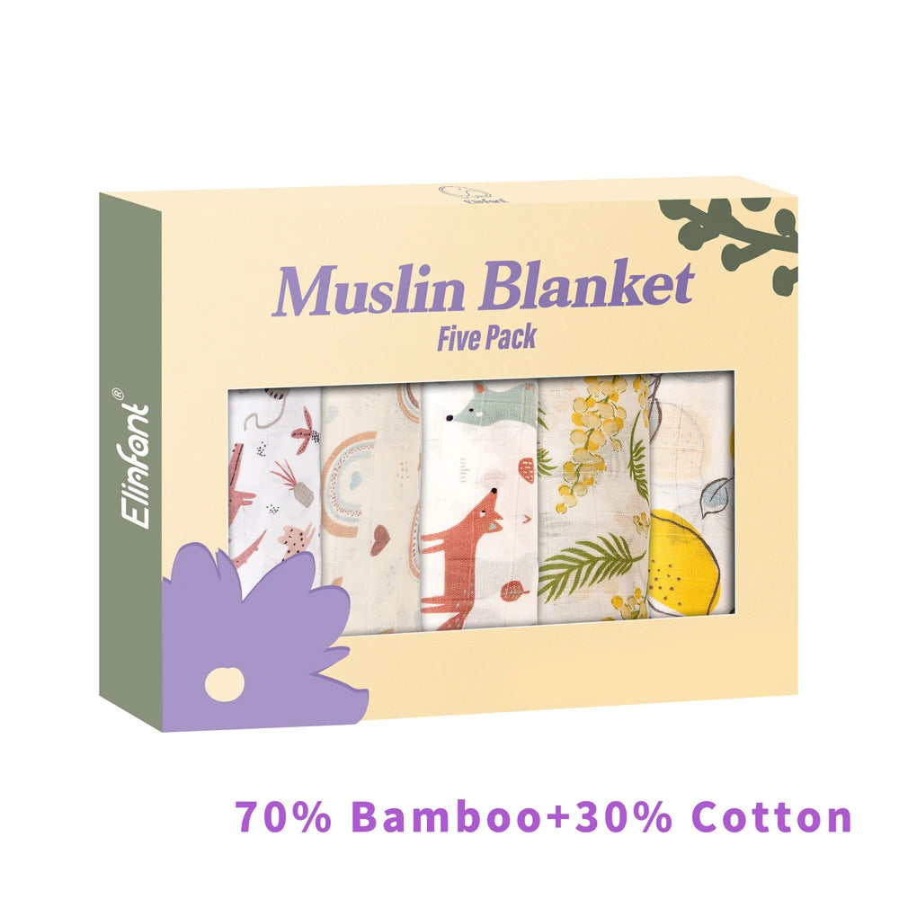 Elinfant 5-Piece Gift Set – Bamboo Cotton Muslin Bibs & Burp Cloths, 100% Cotton, 60x60cm, 2 Layers Baby Scarf & Handkerchief - Kidzy Market