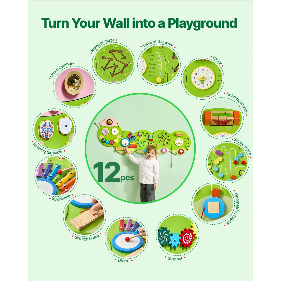 VEVOR Caterpillar Children’s Wall Busy Board – 12 Activities Montessori Sensory Learning Center for Kids Ages 3-12