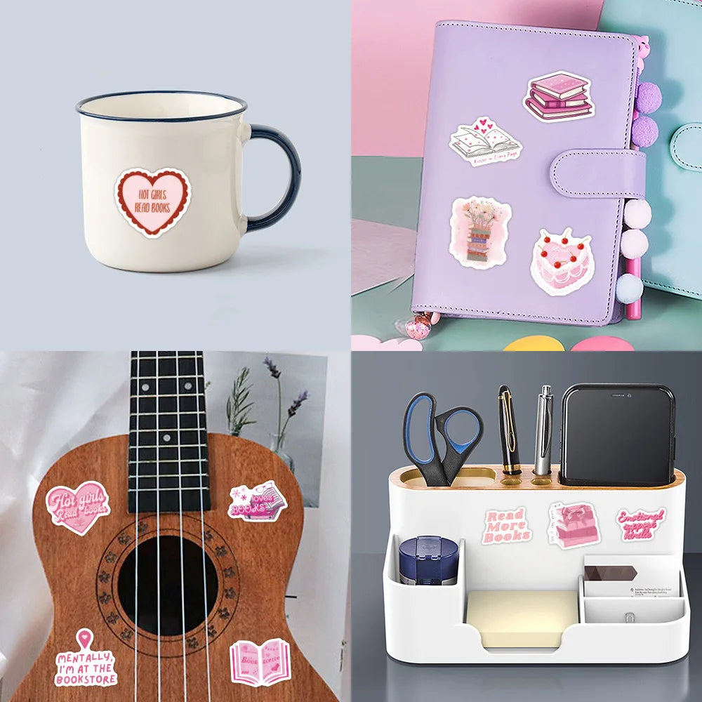 10/60pcs Pink Bookish Reading Stickers – School, Scrapbooking, DIY, and Laptop Stickers for Kids