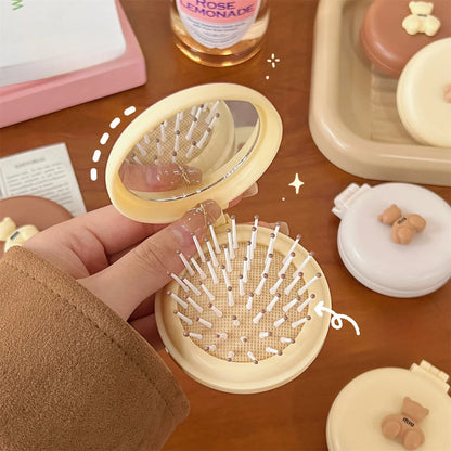 Mini Cartoon Bear Hair Brush with Mirror – Portable Massage Comb for Children, Cute Hair Comb for Kids