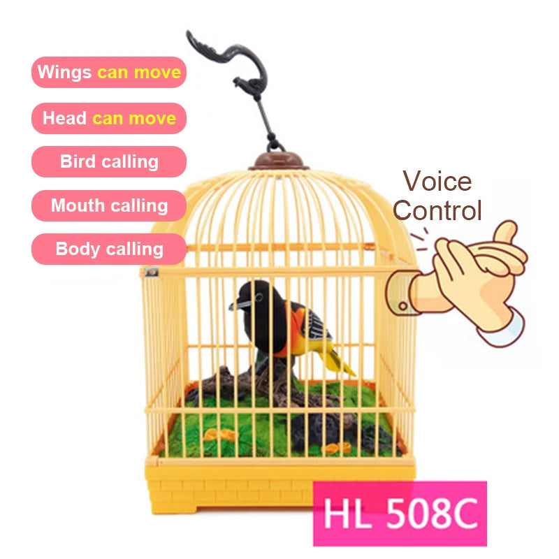 Sound and Voice Control Electric Bird Toy with Simulation Induction, Birdcage Design, Kids Gift and Garden Ornament