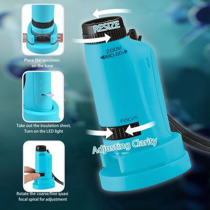 Pocket Microscope for Kids - Handheld Mini STEM Science Toy with LED Light and Specimen, Gift for Little Scientists