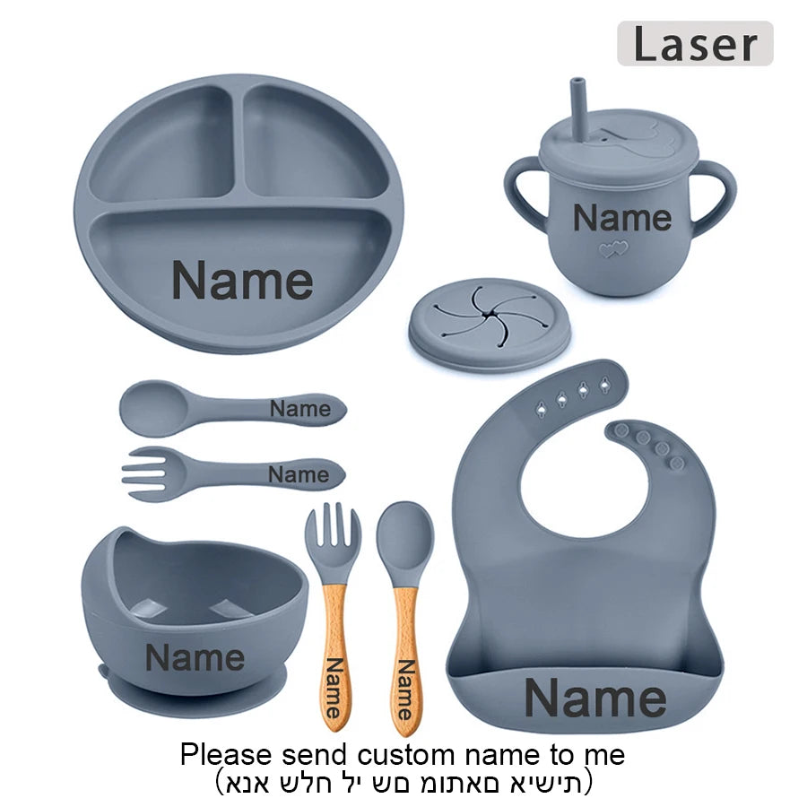 Personalized Cartoon Baby Plate – Silicone Tableware with Sucker Bowl, Food Tray, Sippy Cup, and Spoon – Baby Feeding Accessories