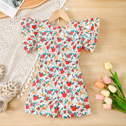 Girls’ Summer Floral Zipper Jumpsuit – Round Neck Romper for 2-6 Year Olds (Fashionable, Lightweight)
