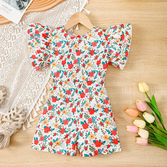 Girls’ Summer Floral Zipper Jumpsuit – Round Neck Romper for 2-6 Year Olds (Fashionable, Lightweight)