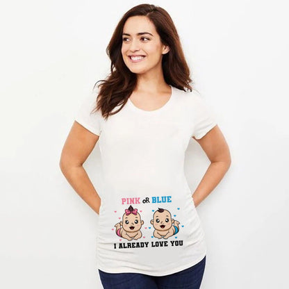 Pink or Blue Mommy Love You Printed Maternity T-Shirt - Summer Pregnancy Announcement Shirt, New Mom Tops
