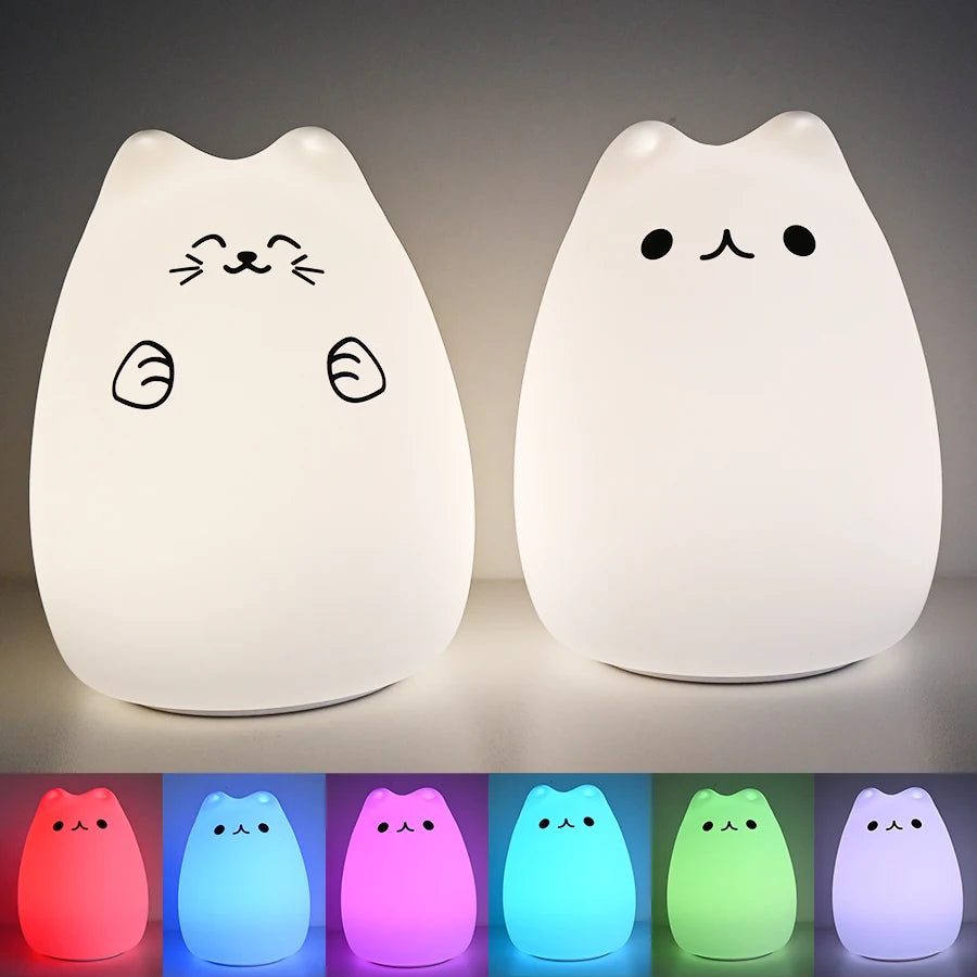 Colorful LED Night Light Cute Cat Silicone Soft Breathing Cartoon Nursery Lamp for Kids Gift
