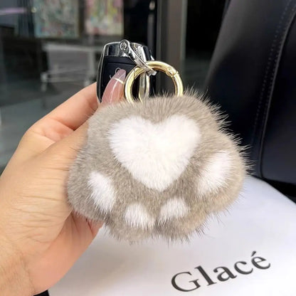 Fluffy Faux Fur Cat Paw Keychain, Plush Pendant for Backpack or Car