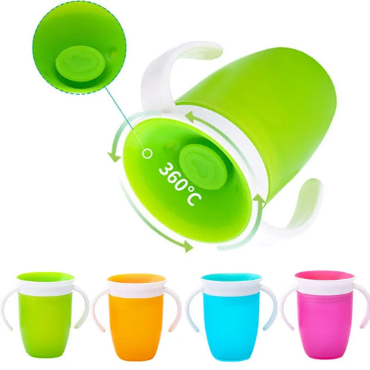 360° Rotatable Baby Learning Drinking Cup with Double Handle, Flip Lid, Leakproof Silicone Infants Water Bottle