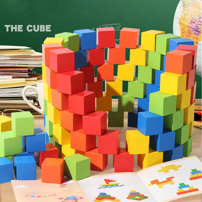 50/100PCS Colorful Wooden Building Blocks – Stacking Square Blocks, Shape and Color Learning Toy for Babies and Children