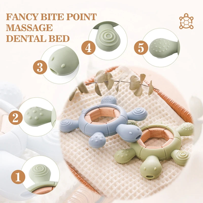 1pc BPA-Free Silicone Turtle Teether - Rodent Shape Baby Gum Pain Relief with Wooden Teether Ring | Infant Sensory Toy Gift