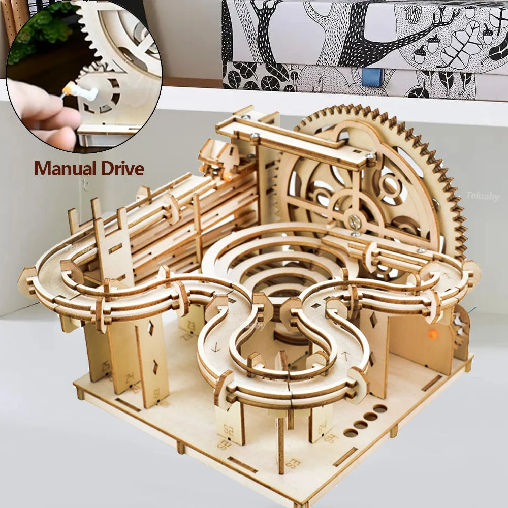 3D Wooden Puzzle DIY Mechanical Model, Manual Assembly Building Kit, Marble Run Set with 4 Balls, Toy for Adults & Kids Gifts