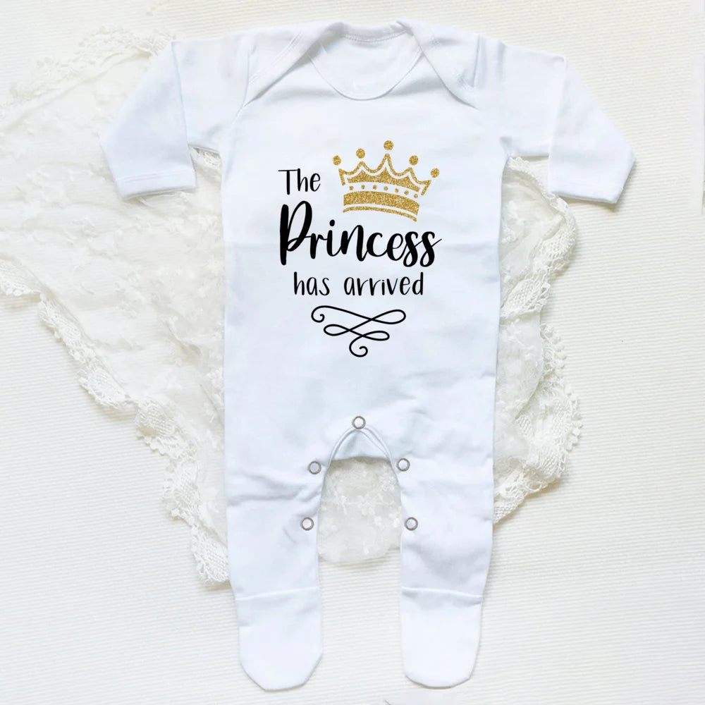 The Princess Has Arrived Print Baby Babygrow Sleepsuit – Newborn Coming Home Vest Bodysuit, Hospital Clothes, Infant Shower Gift