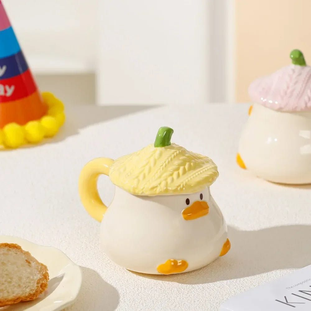 Cute Cartoon Duck Ceramic Mug with Lid & Spoon – 400ml (13.5 fl oz) Coffee Cup for Home & Office